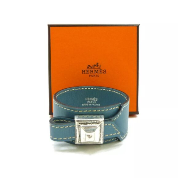 Authentic HERMES Artemis Touareg Bracelet Blue Leather B in Square - Picture 1 of 12